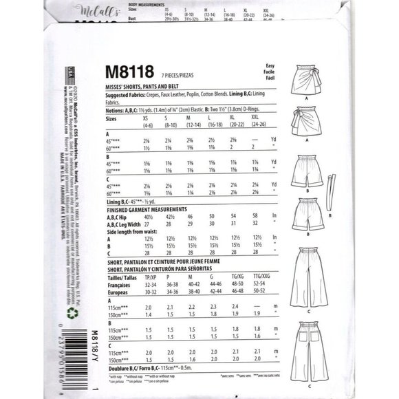McCalls M8118 Misses XS to M Easy Pants, Shorts and Skorts UNCUT Sewing Pattern - Picture 2 of 2